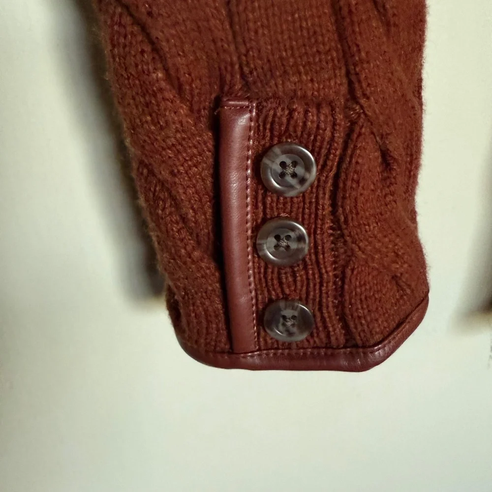 Talbots Cable Knit Cardigan with Faux Leather Trim Size Small‎